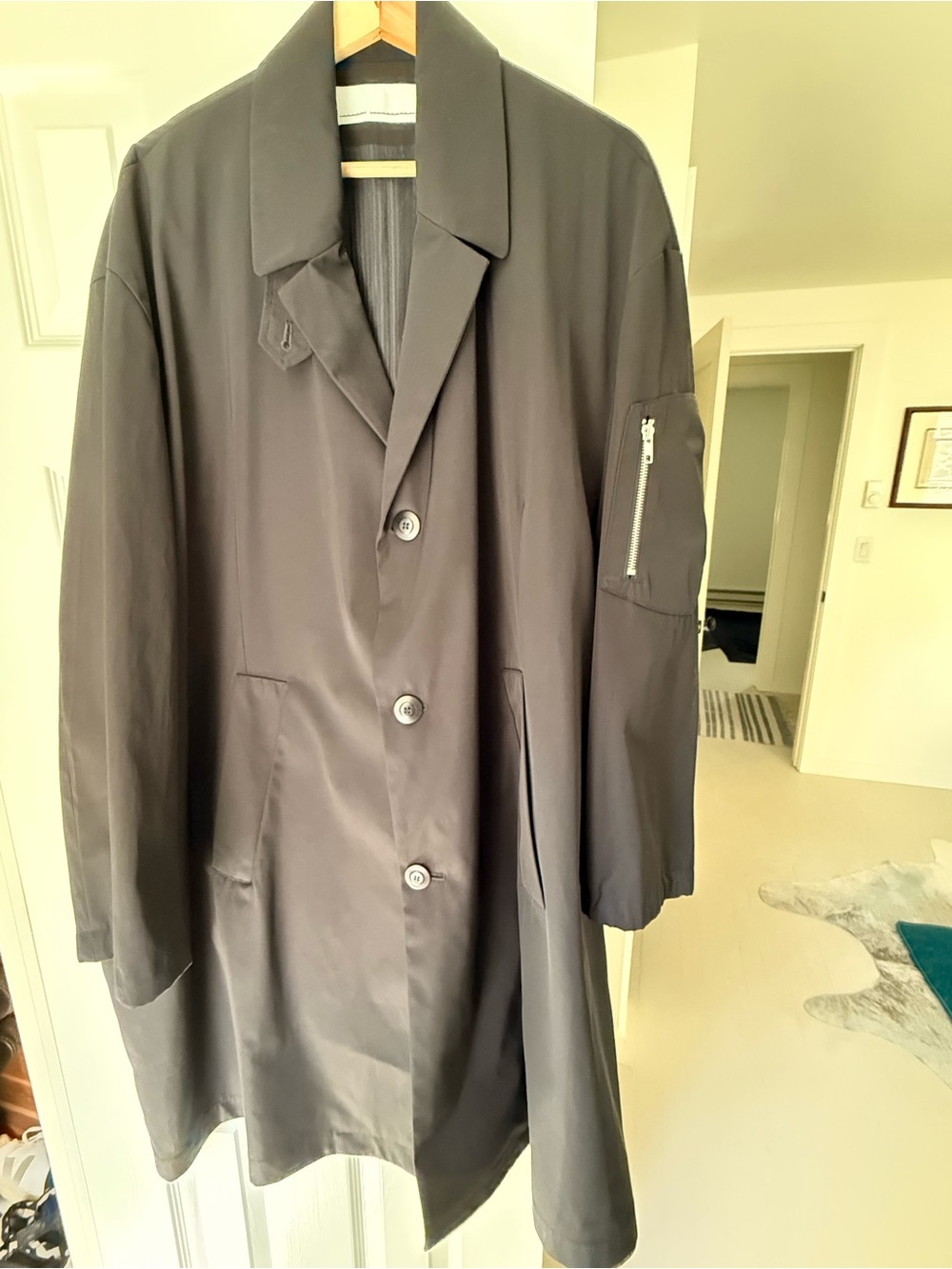 Men's Black Trench Coat with Zip-Sleeve Detail